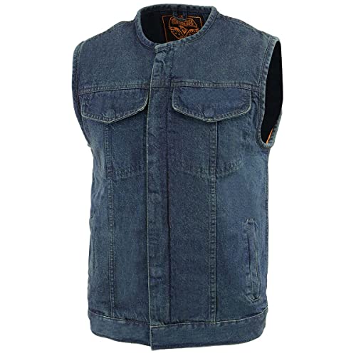 Image of Milwaukee Leather MDM3001 Men's 'Covert' Black Denim Collarless Club Style Motorcycle Biker Vest w /Dual Closure