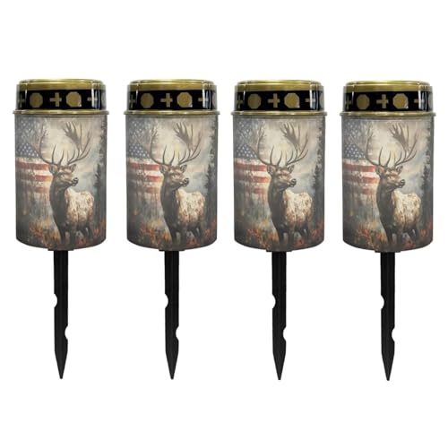 Image of Poceacles Deer American Flag Forest Outdoor Lights Solar Powered Flameless Candle Cemetery Votive Candles Waterproof Outdoor Memorial Candle Solar Stake Lights Home Outdoor Decoration, 4 PCS