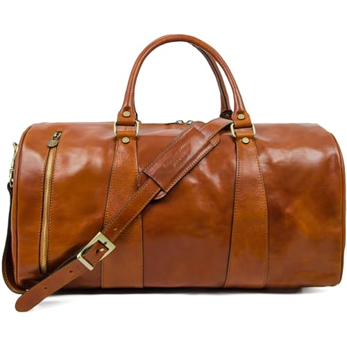 Image of Time Resistance Leather Duffel Bag - Large Weekend Gym Travel Bag (Cognac Brown)
