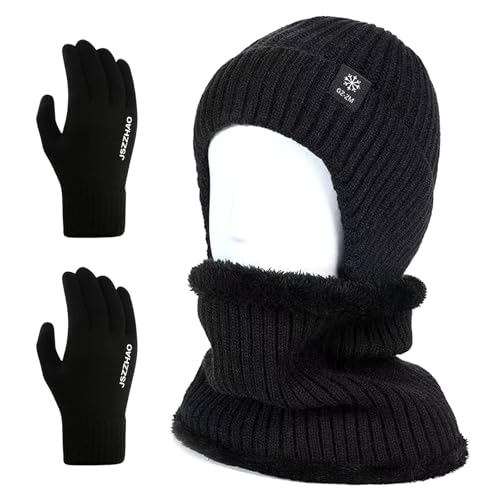 FOSDICK Conjunto Bufanda y Gorro y Guantes Mujer Hombre, Set de Braga Cuello Gorro Invierno Guantes Tactiles, Punto Gorra Bufandas Guante Termico, Gorras Beanie Bragas Cuello Winter Gloves, Negro