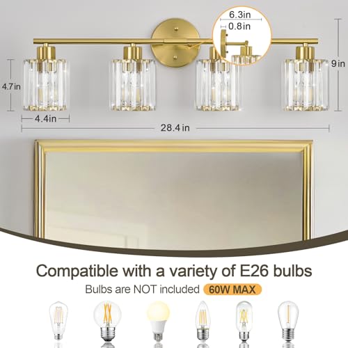 Image of Modern Gold Crystal Bathroom Light Fixtures,4-Light | Bathroom Lighting Fixtures over Mirror,Vanity Lights for Mirror, Restroom(Ceramic E26 Socket,Bulbs Not Include)