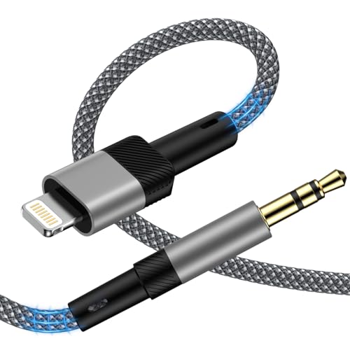 Aux Cable for iPhone in Car Aux to iPhone Connector Cable 3.5mm Headphone Jack Adapter Nylon Braided Audio Cord For iPhone 14 Pro Max 13 12 11 Pro 11 Car Stereo Speakers Headphones i Pad (1M) Grey