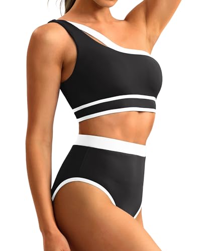 Tempt Me Women Black One Shoulder High Waisted Bikini Color Block Two Piece Swimsuits Cutout 2 Piece Bathing Suit M thumb #3