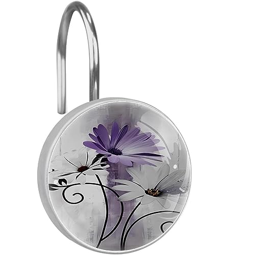 White Purple Daisy Decorative Shower Curtain Hooks Rings Set of 12 Hooks for Shower Curtain Rustproof Curtain Rings for Bathroom