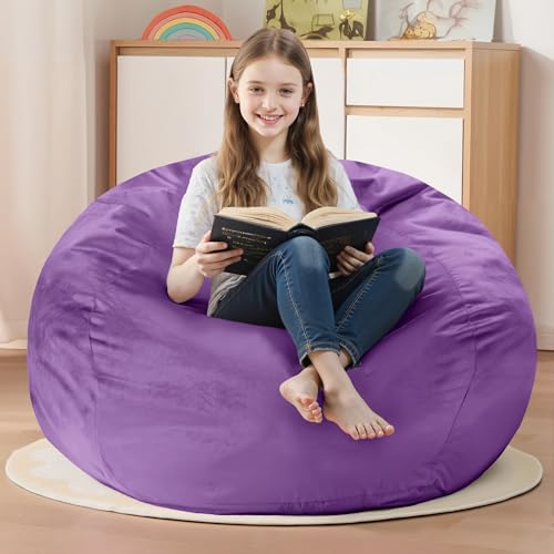 Homguava 2FT Bean Bag Chair: 2' Bean Bags with Memory Foam Filled,Comfy Beanbag Chairs Round Bean Bag Sofa with Dutch Velvet Cover-Purple
