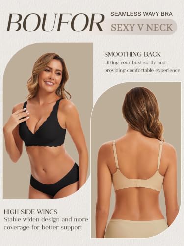 Image of Seamless Wavy Bra Wireless Jelly Bralette Low Cut Deep V Neck Bras | Adjustable Straps, Sexy Plunge Bra, Removable Pads, High Elastic Fabric, Scalloped Edges, Deep V Bras for Women No Underwire