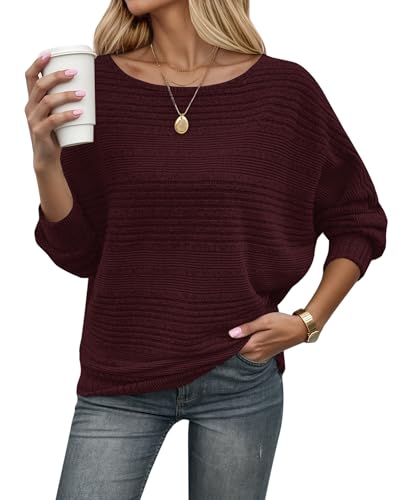 WNEEDU Camisola mulher outono inverno leve malha com ombros descobertos mangas morcegos pescoço barco elegante camisola, Vermelho vinho, XL