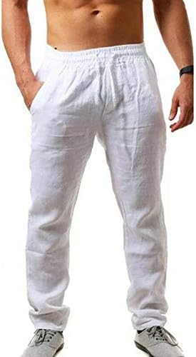 MorwenVeo Men's Linen Pants Casual Long Pants - Loose Lightweight Drawstring Yoga Beach Trousers Casual Trousers - 6 Colors White