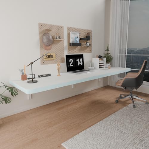 IAE Wall Mounted Folding Table with Pine Wood,55' x 16' Floating Wall Desk,Laundry Folding Table with Shelf Brackets,Fold Down Desk Shelf,Folding Workbench for Home,Dining,Laundry Room,Kitchen,White