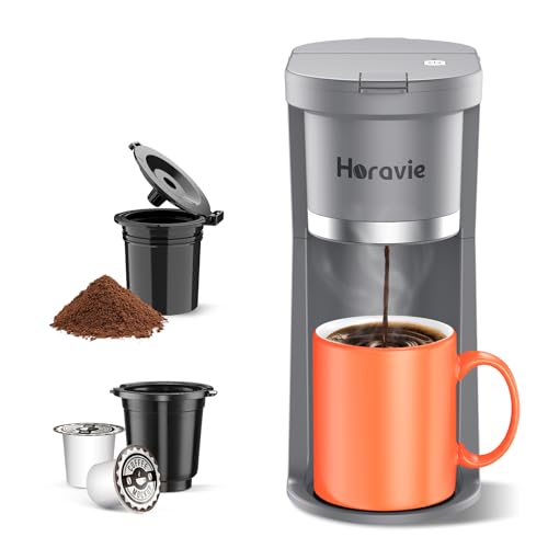 Image of Small Single Serve Coffee Maker, One Cup Coffee Machine for K-Cup & Grounds | Portable Pod Coffee Maker, Fast Brew, 6 to 12 oz. Brew Sizes, One Button Design, Easy for Elder to Use, Space Saving, Grey