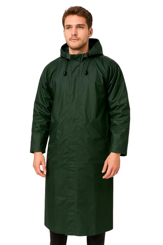 Men’s Long Hooded Waterproof Raincoat – Full-Length Overcoat (Green,Multisize)
