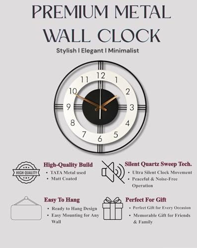 Image of Arabs Morden Metal & Wooden Analog Wall Clock for Living Room Bedroom Office Kitchen Stylish Wall Clock for Home and Hall Designer Big Size Modern (Round White, 50 CM)