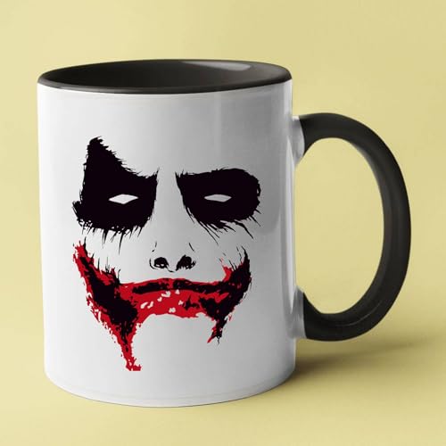 Taza de café con diseño de payaso artístico en negro y rojo, taza de cerámica con mango negro, blanco
