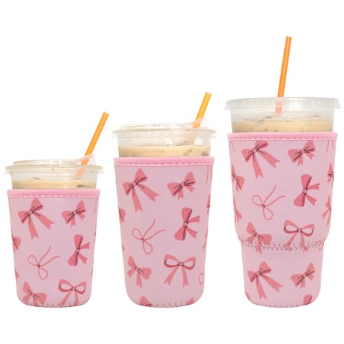 Image of 3 Pack Reusable Iced Coffee Sleeves - Xumbtvs Insulator Sleeve for Cold Beverages, Neoprene Coffee Cup Holder (Pink Bow)