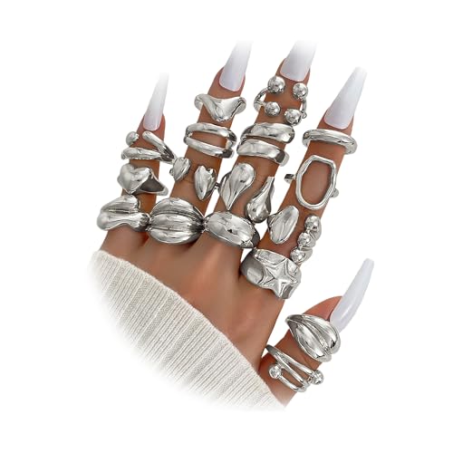 ZOVOLI 17 Pcs Chunky Silver Rings Stackable Rings for Women Fashion Knuckle Rings Set for Women Statement Womens Rings Jewelry Gifts