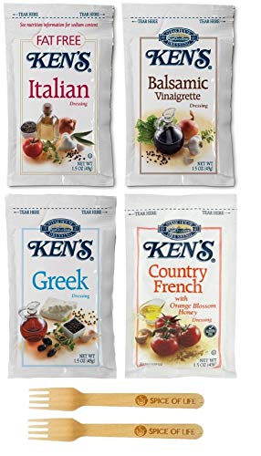 Ken s Steak House Salad Dressing, Fat Free Italian, Balsamic Vinaigrette, Greek, and Country French, 1.5 Ounce (Pack of 24) - Packed in Make Your Day Box with Two Sporks