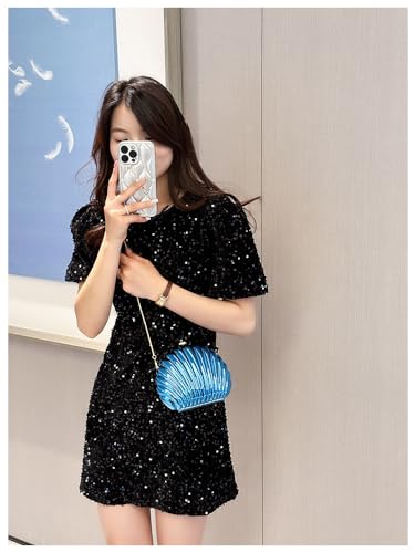 Image of Glitter Seashell Evening Clutch Purse Mini Chain Shoulder Bag Acrylic Shell Pearl Crossbody Bag