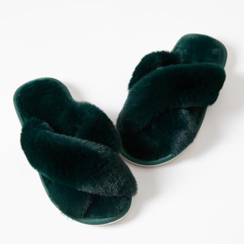 Image of Women's Cross Band Fuzzy Slippers Fluffy Open Toe House Slippers
