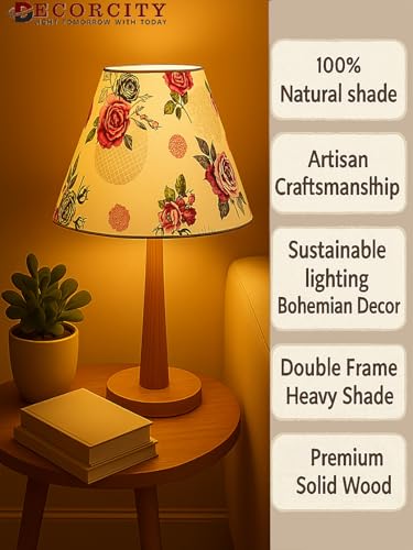 Image of Decorative Floral Shade Table Lamp with Warm LED Lighting & Natural Wooden Stand - Perfect for Bedroom, Living Room, Study & Gifting (Rose)