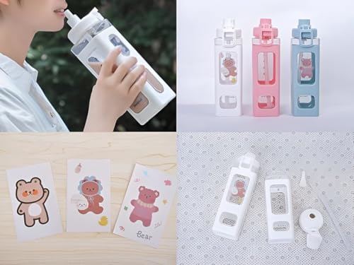 Image of LHOTSE FreeSip Cute Square Water Bottle for School with Straw & Leakproof Lid - Large Capacity Kawaii Bottle for Kids, Girls & Office Use (White)