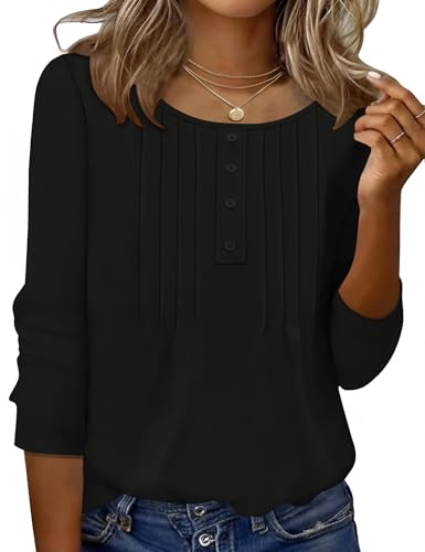 Ivicoer Ivicoer Women's 3/4 Length Sleeve Tops Crewneck Button Pleated Dressy Casual Blouses