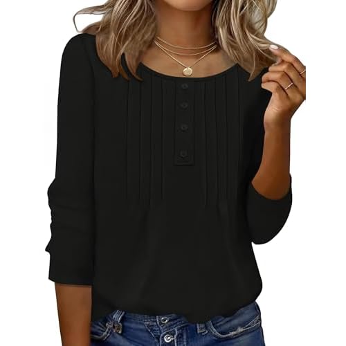 Ivicoer Women's 3/4 Length Sleeve Tops Crewneck Button Pleated Dressy Casual Blouses Black Large
