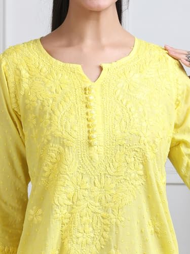 Image of Women's Lucknowi Chikankari Handwork Cotton Kurti, Palazzo and Dupatta Set