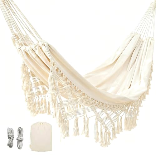 Goutime Double Hammock Macrame Boho Cotton Hammock with Hanging Ropes Portable for Camping Patio Backyard Indoor Outdoor 485LBS Capacity (Beige)