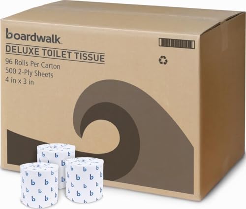 Image of Boardwalk 2-Ply Bathroom Toilet Paper Tissue, Septic Safe, 500 Sheets /Roll, Bulk Quantity 96 Rolls /Carton, 4 inch x 3 inch, White