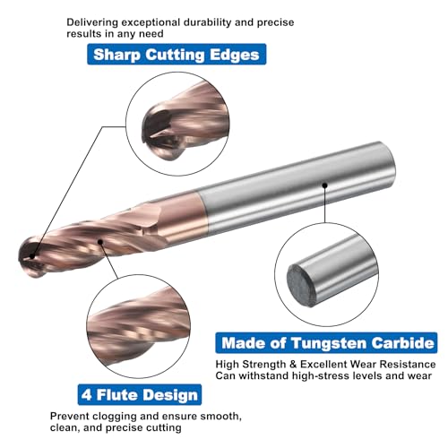 Image of HARFINGTON Ball Nose End Mill 4 Flute 9 /32 inch Diameter 5 /16 inch Shank Tungsten Carbide TIN Coated Spiral CNC Router Bits 3 /4 inch Cutting Length Single End Ball for Carving Engraving Grinding
