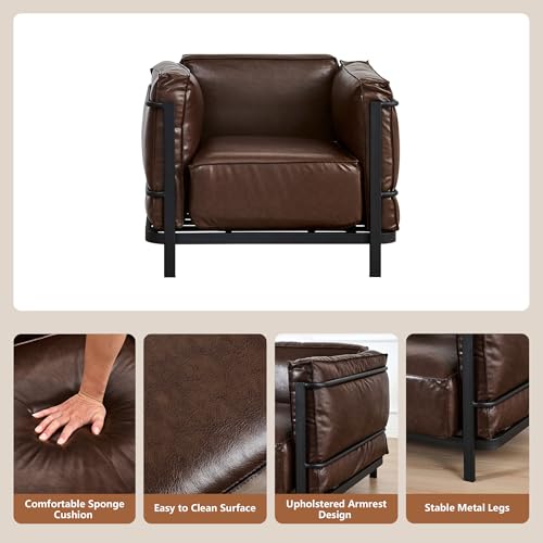 Image of QHITTY Sofa Chair, Mid-Century Modern Upholstered Couch Chair Faux Leather Sofa Couch with Iron Frame and Upholstered Armrest Backrest Cushion for Living Room, Office, Apartment (Brown)