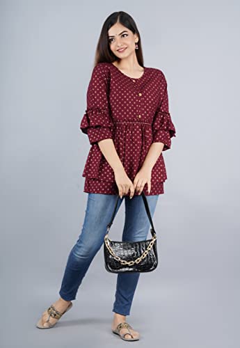 Image of Shiva Fab Short Kurti for Women | Embroidered Straight Rayon Kurta | Round Neck Full Sleeves Short Kurti for Women's
