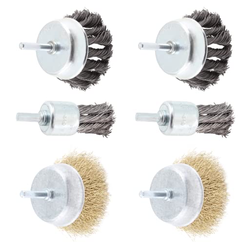 Image of 6PCS Cup Wire Wheel Brush Set, 3 Inch Carbon Steel Knotted Cup Brush and Brass Coated Crimped Wire Drill Brush Set, 1 /4 Inch Shank Brush Kit Rotary Buffing Brush Wheel, Rust Removal Tool Set