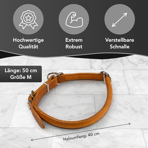 Rund & Weich Zugstopp Hundehalsband, Cognac, M - 50cm Lederhalsband mit Zugbegrenzung und Verstellbarer Schnalle, Dressurhalsung, Zugstopper, robust, Rindsleder