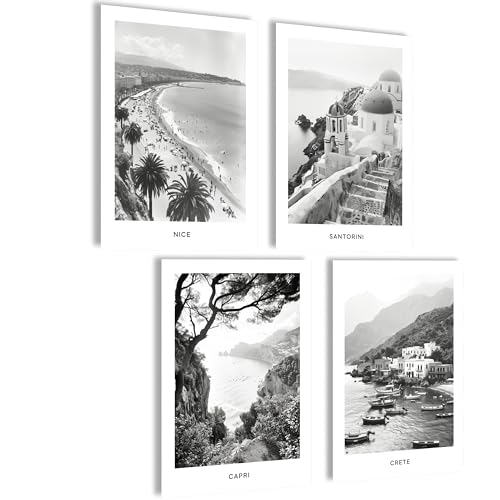 Mojoliving Set de Imágenes en Blanco y Negro de Ciudades - Póster de Niza, Santorini, Creta y Capri - Mural para Pared