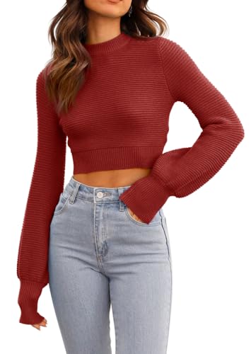 Image of Womens Sexy Crew Neck Cropped Sweaters Knit Long Sleeve Crop Tops Pullover | Ribbed Knit, Long Sleeve, Crop Tops, Pullover,Crew Neck
