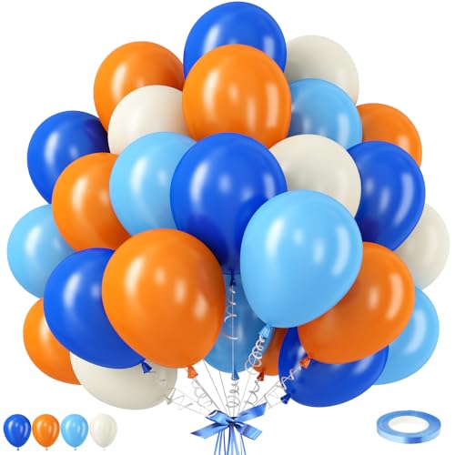 Image of Orange and Blue Balloons, 12 Inch Orange and Dark Light Blue Latex Balloons Party Decorations for Kids Birthday Baby Shower Outer Space Theme Party Decor Supplies