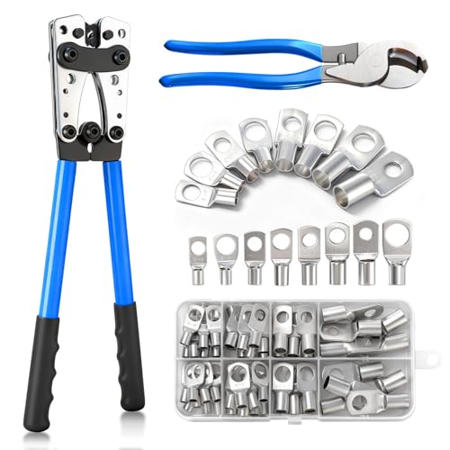 Battery Cable Lug Crimping Tool Wire Crimper With 60pcs Lugs And Wire Cutter AWG 10-1/0 For Copper Ring Terminals