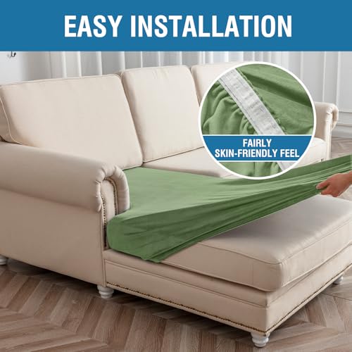 Image of Couch Cover Velvet Chaise Cushion Cover for Sectional Sofas - Elastic L-Shaped Sofa Seat Covers Washable, Slipcover Protector (1-Piece, Avocado Green)