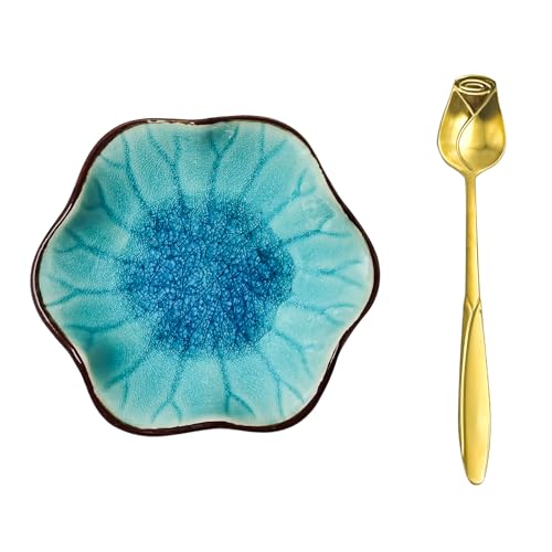 Coffee Spoon Rest, Ice Cracks Flower Small Spoon Holder for Stove Top, Teaspoon Rest for Kitchen Counter, ceramic utensil holder for Coffee Bar Accessories (Ice Cracks Lake Blue with Gold Rose Spoon)