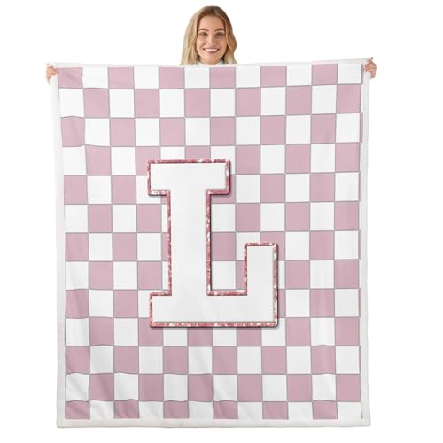 Image of Erosebridal Pink Initial L Fleece Blanket Queen 90 inchx90 inch Kawaii Plaid Checkered Sherpa Blanket Cute Personalized Monogram Fuzzy Plush Throw for Kids Girls,Fashion Grids Gingham Decor for Bed Couch
