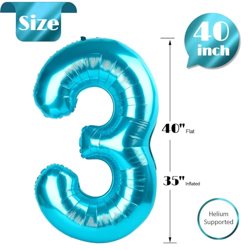 Image of Light Blue Number 3 Balloon 40 Inch, 3rd Birthday Celebration Supplies Women Men, 3 Balloon for Theme Party