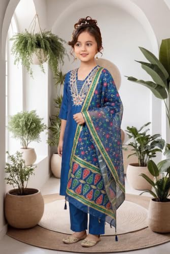 Image of Girls Cotton Blend Embroidered Kurta Pant with Printed Banarasi Style Dupatta Set | Festive Ethnic Wear for Kids | Traditional Suit Set for Girls (4-14Years)