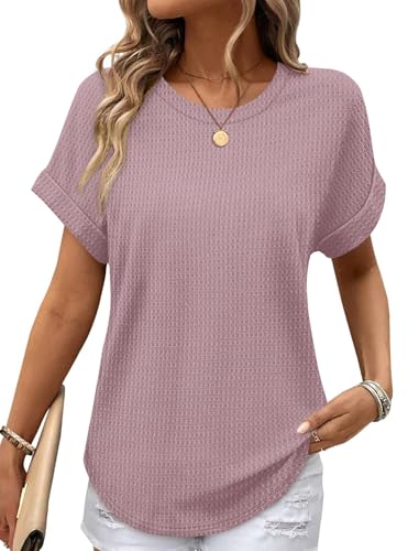 Sampeel Summer Tops for Women 2026 Trendy Rolled Short Sleeve Shirts Waffle Knit Crew Neck Tops Curved Hem Fashion Clothing