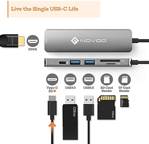 USB C Hub HDMI, USB C Dongle MacBook Pro Adapters with 100W PD, NOVOO 6 in 1 USB C Adapter 4K USB-C to HDMI, 2 USB 3.0 Ports and SD/TF Cards Reader for iPad Pro/MacBook Pro Air/Type C Devices