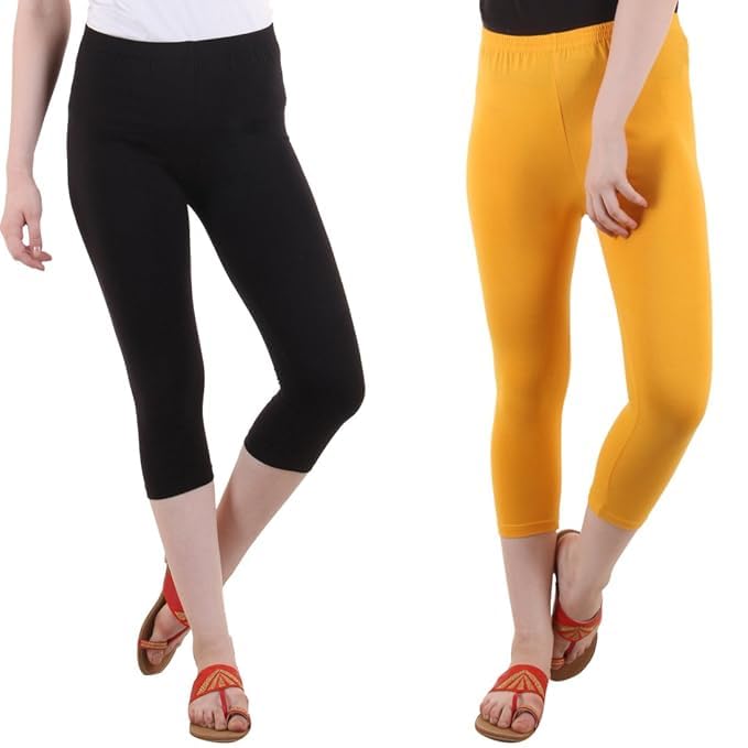 Image of DIAZ Women Cotton Stretchable Capri | Slim /Regular Fit | Breathable Yoga, Gym & Lounge Wear | Mid-Waist Stretchable 3 /4 Length Leggings with Wide Waistband - Pack of 1