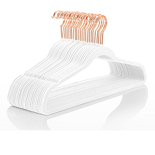 Image of Premium Velvet Hangers (Pack of 50) Heavyduty - Non Slip - Velvet Suit Hangers White - Copper /Rose Gold Hooks,Space Saving Clothes Hangers