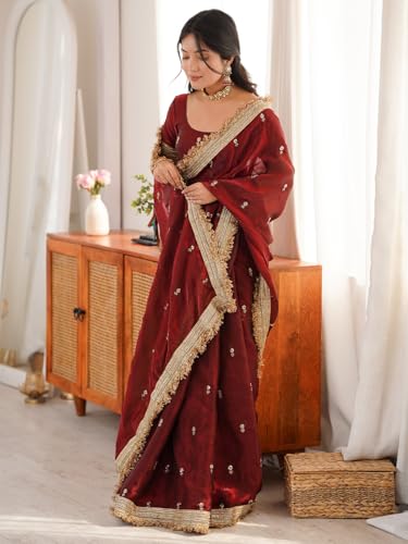 Image of AKHILAM Women's Shimmer Off White Georgette Sequence Embroidery Saree With Unstitched Blouse Piece
