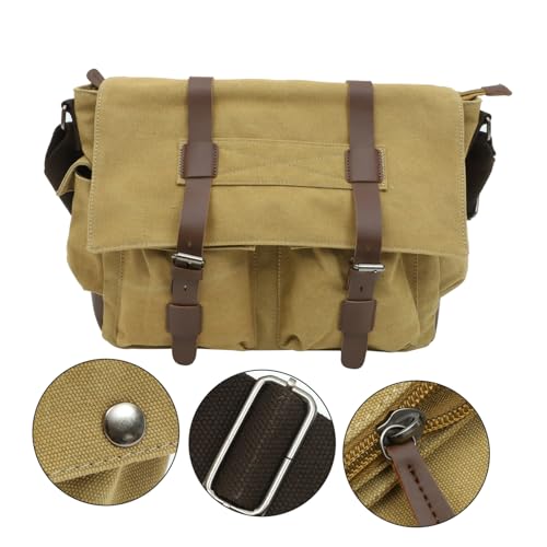 Canvas Leather Briefcase Shoulder Bag Retro Designed Crossbody Bag for Work School and Travel Khaki Color for Documents Files and Essentials3