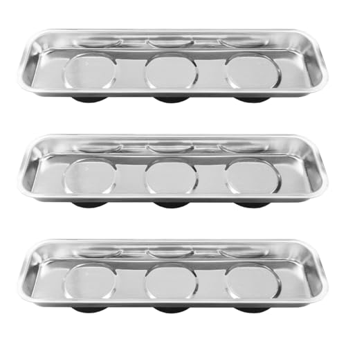 3PCS Magnetic Tray Holder, Stainless Steel Extra Strong Magnetic Bowl Parts Tray Set for Screws, Nuts, Bolts, Sockets, Pins – Mechanic Tool Metal Parts Organizer for Automotive Repair (Rectangular)